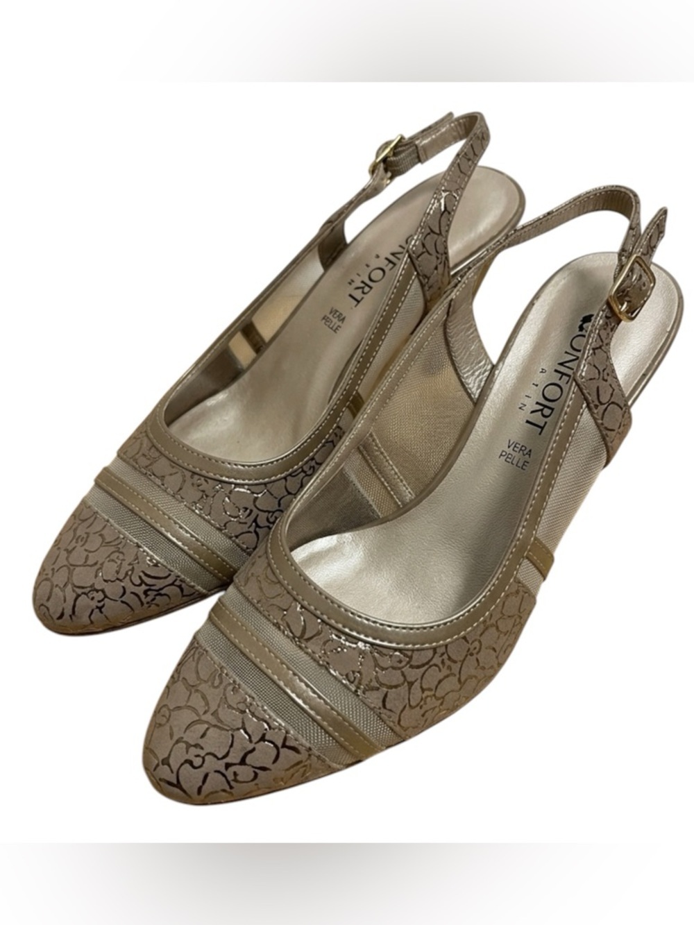 Vera Pelle Confort Elegant Tan Gold Slingback Heels size 36